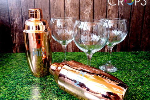 Promotional glasses and bottles, advertising agency