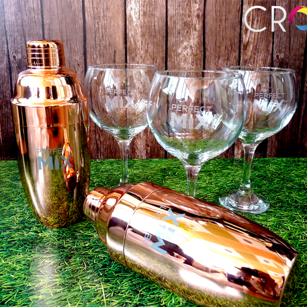 Promotional glasses and bottles, advertising agency